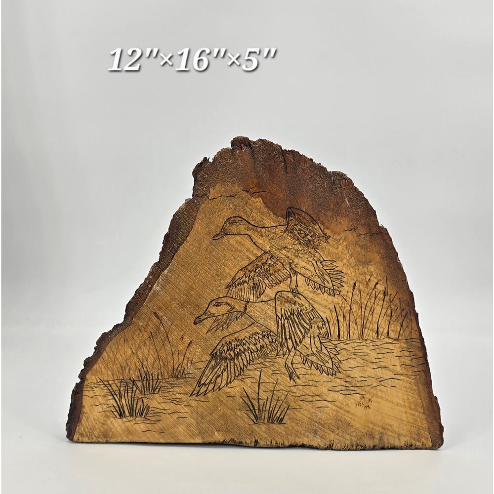 Vintage Wood Burned Duck Art on Natural Tree Slab | Rustic‎ Cabin Lodge Décor